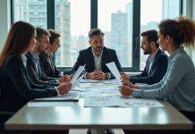 Groupe de professionnels en réunion dans un bureau moderne