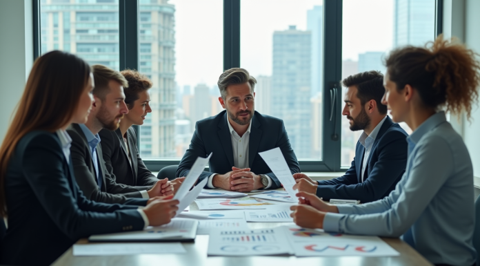 Groupe de professionnels en réunion dans un bureau moderne
