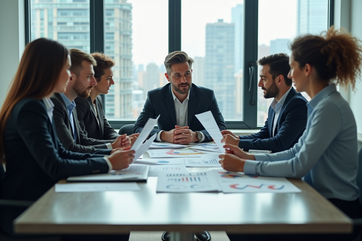 Groupe de professionnels en réunion dans un bureau moderne