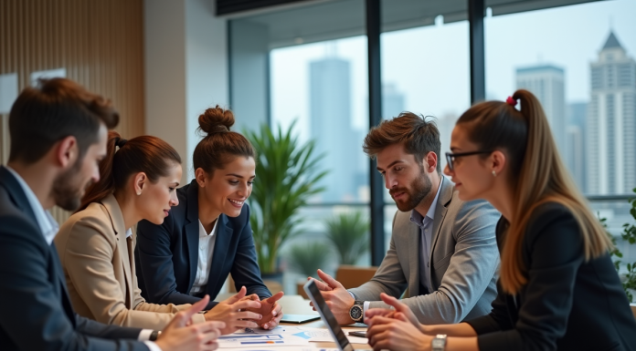 Groupe de jeunes professionnels collaborant dans un bureau moderne