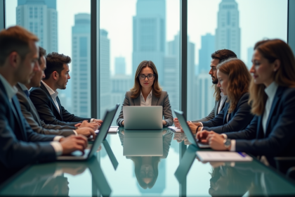 Groupe de professionnels en réunion dans un bureau moderne