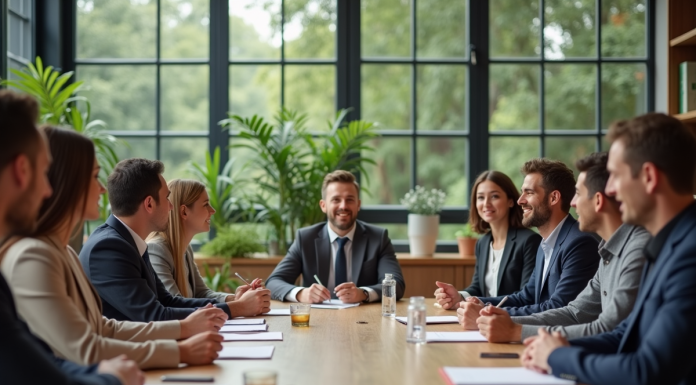 Groupe de professionnels dans un espace de travail durable