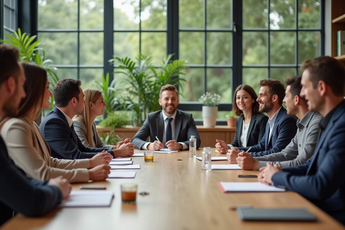 Groupe de professionnels dans un espace de travail durable