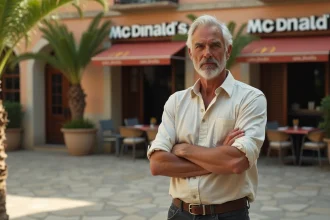 Habitant corse pensif devant un restaurant McDonald's en Corse, exprimant son avis sur l'implantation de la chaîne