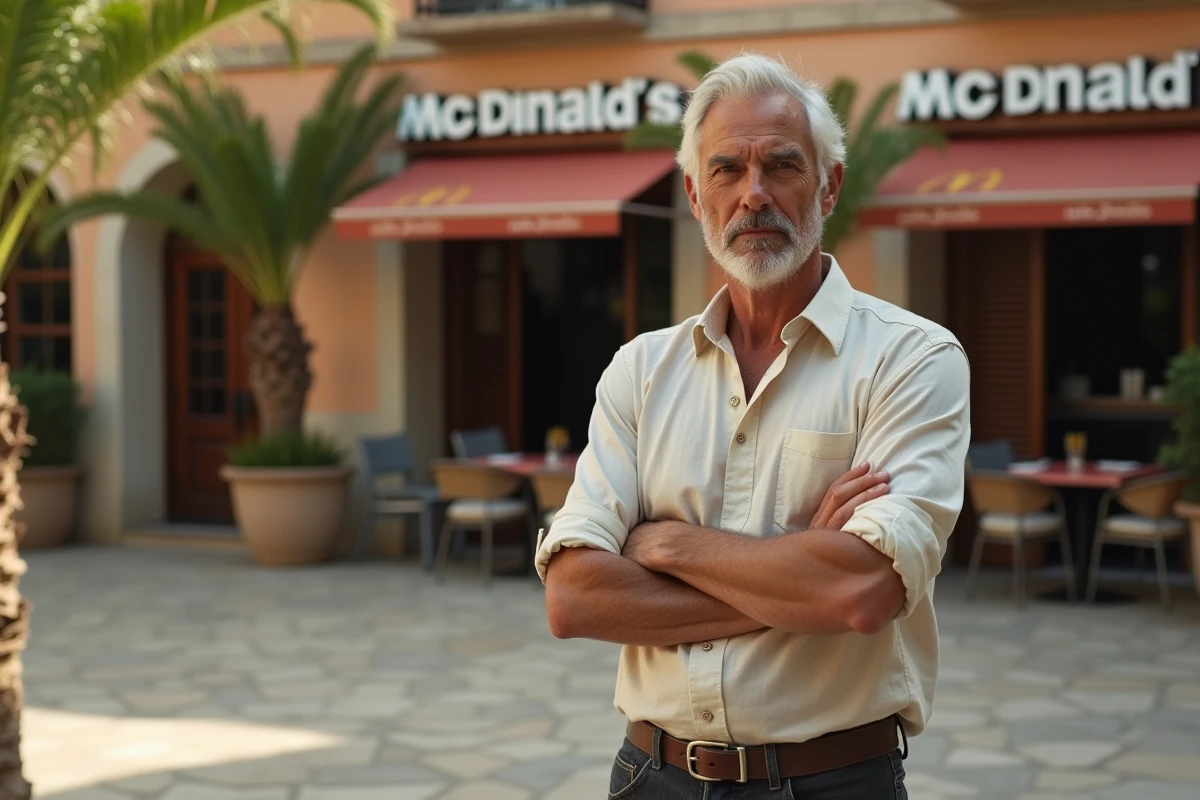 Habitant corse pensif devant un restaurant McDonald's en Corse, exprimant son avis sur l'implantation de la chaîne