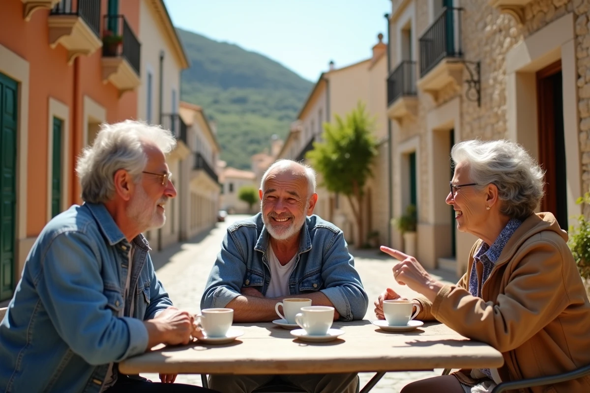Groupe d'habitants corses discutant de l'ouverture d'un McDonald's en Corse autour d'un café en terrasse
