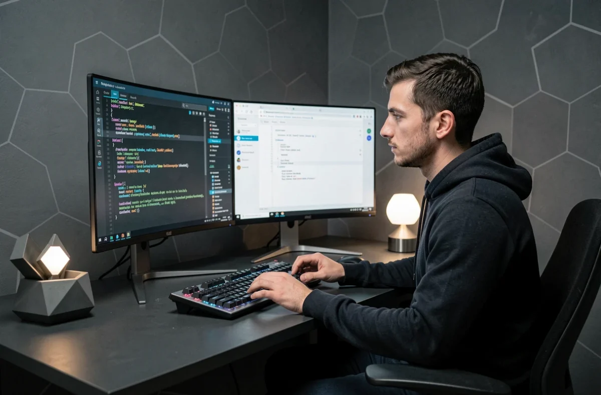 Développeur de l'agence Hexium à Montpellier travaillant sur une application web sur un poste informatique moderne