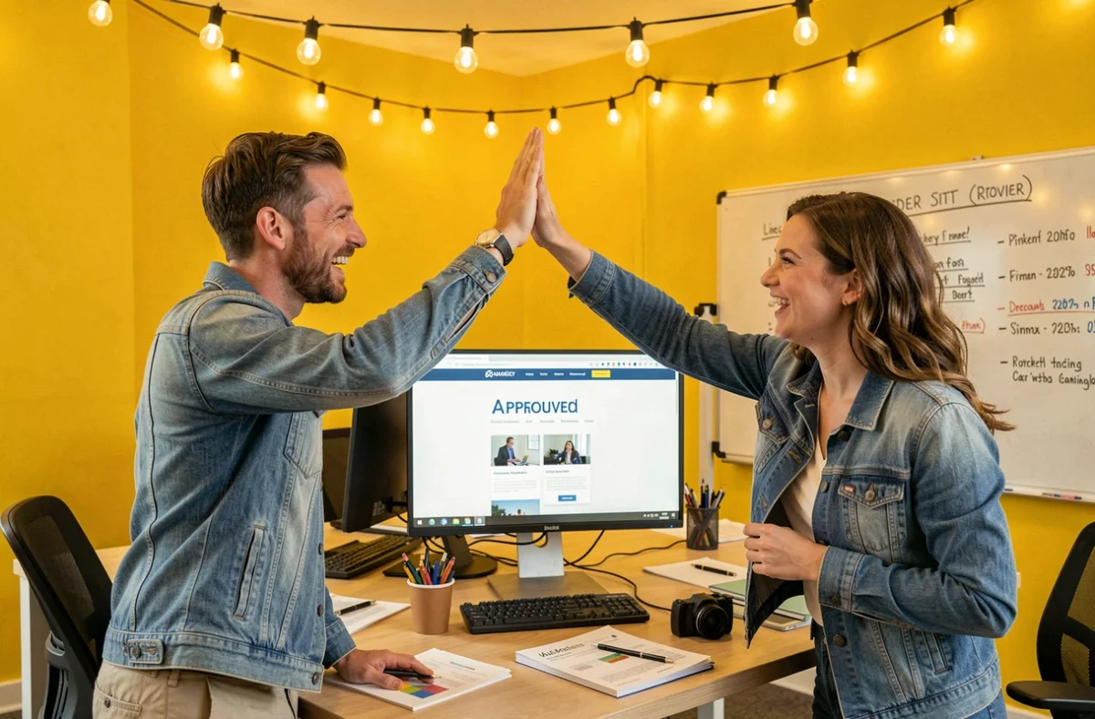Duo de l'agence Highfive célébrant la validation d'un projet de site web dans un espace de travail coloré et dynamique