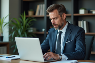 Homme d'affaires en costume analysant des données marketing