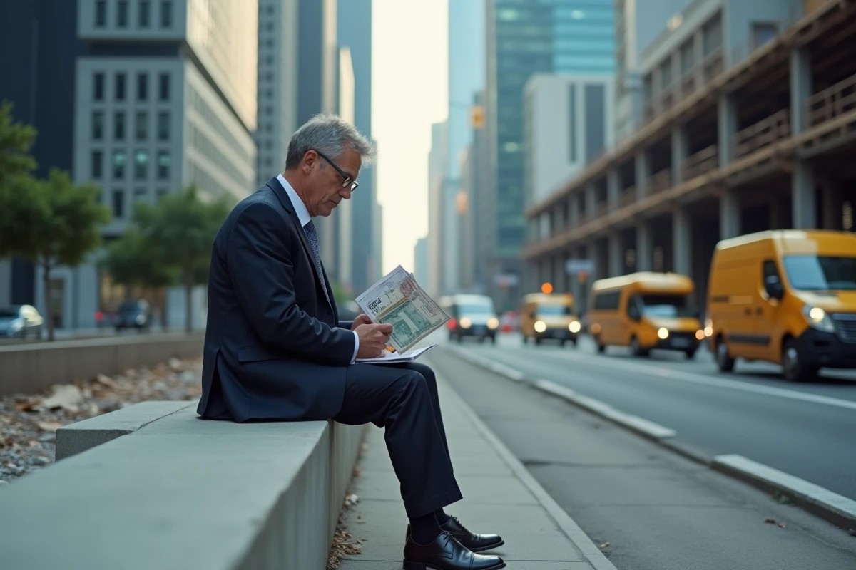 Homme d'affaires inquiet regardant ses factures dans la ville