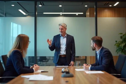 Homme d'affaires en r&eacute;union dans un bureau moderne