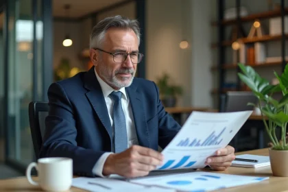 Homme d'affaires en costume bleu analysant des documents financiers