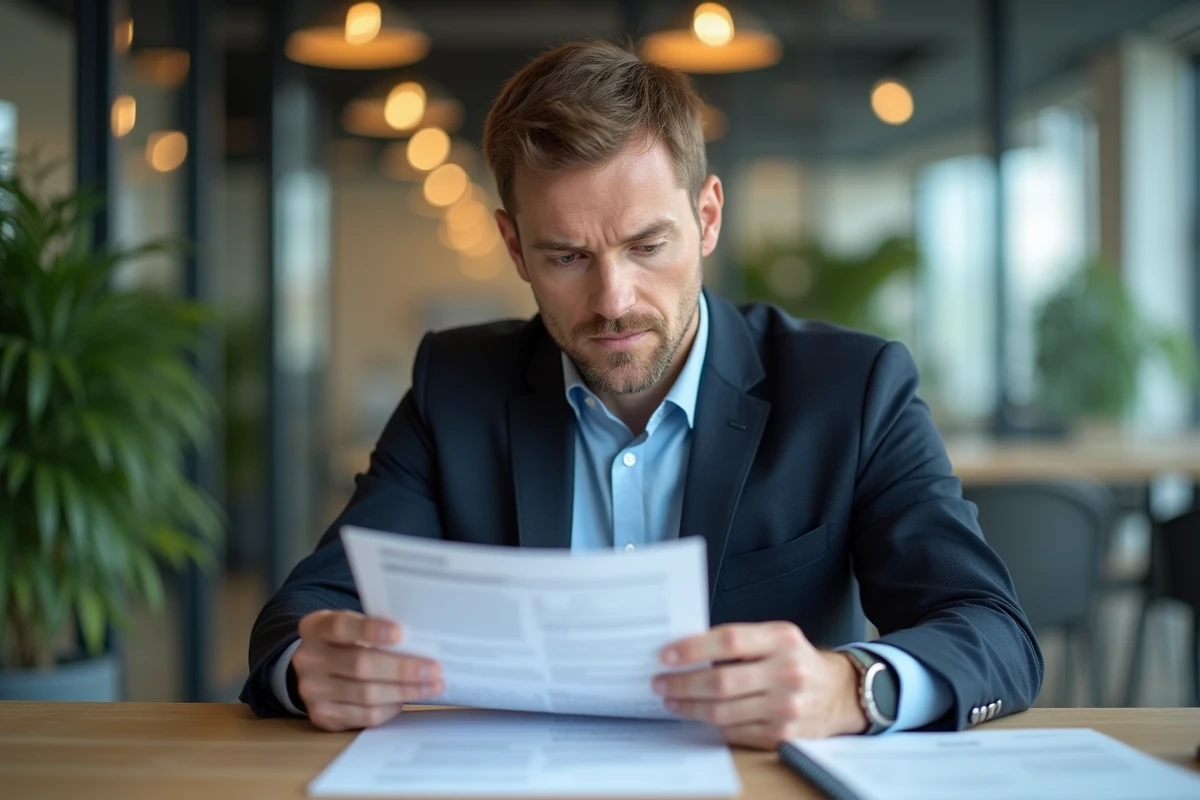 Homme d'affaires en costume lisant des documents dans un bureau moderne