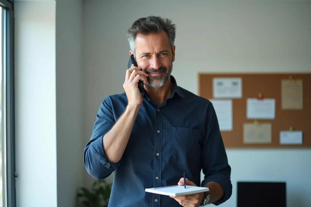 Homme d'affaires en communication téléphonique avec l'Urssaf prenant des notes dans un bureau professionnel