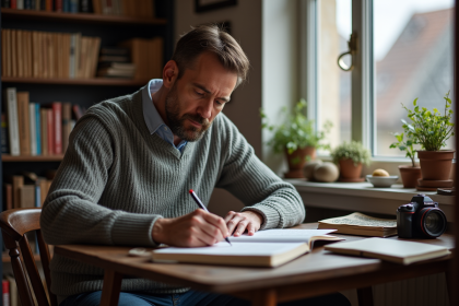 Homme belge assis à un bureau en bois écrivant dans un carnet