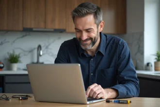 Homme d'âge moyen utilisant un ordinateur portable pour comparer des produits électriques