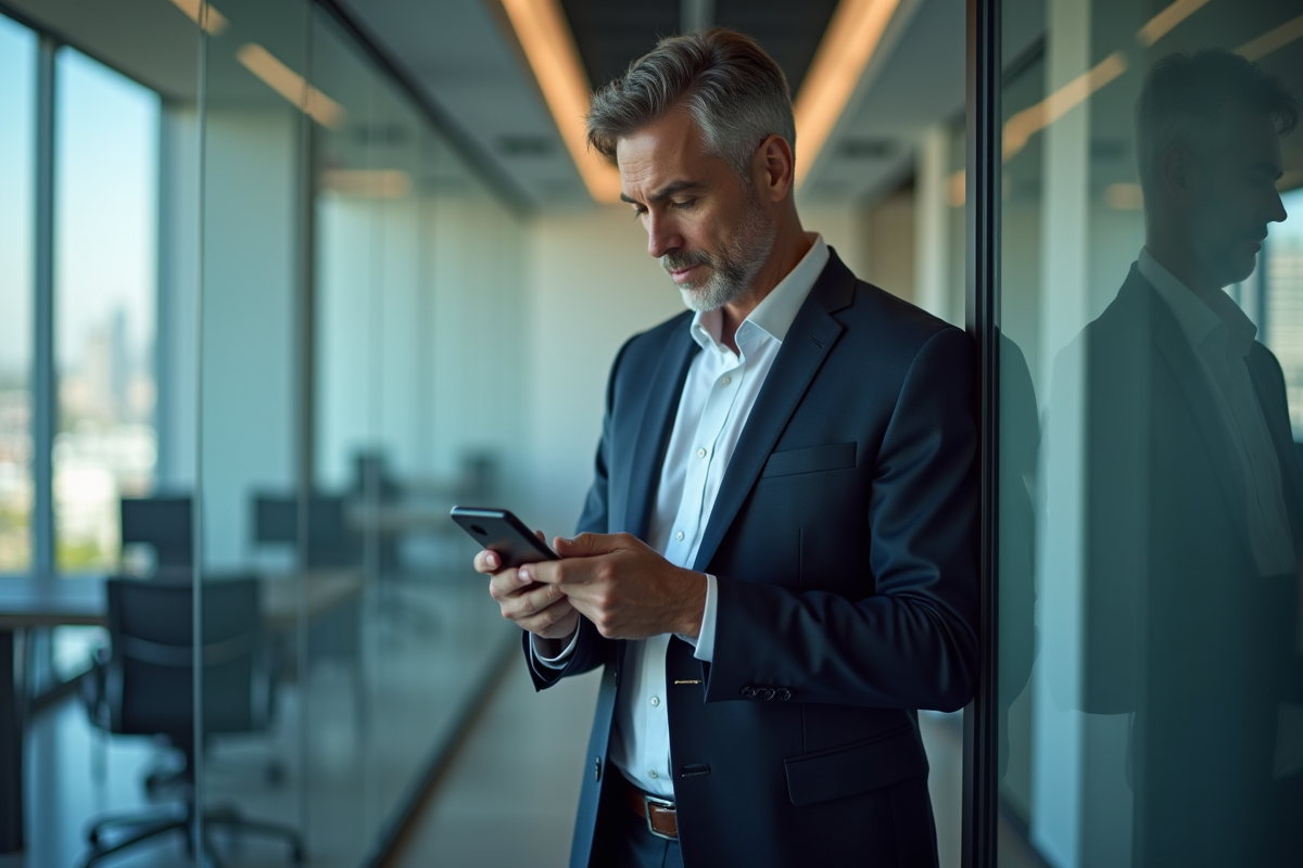 Homme professionnel regardant son smartphone dans un bureau