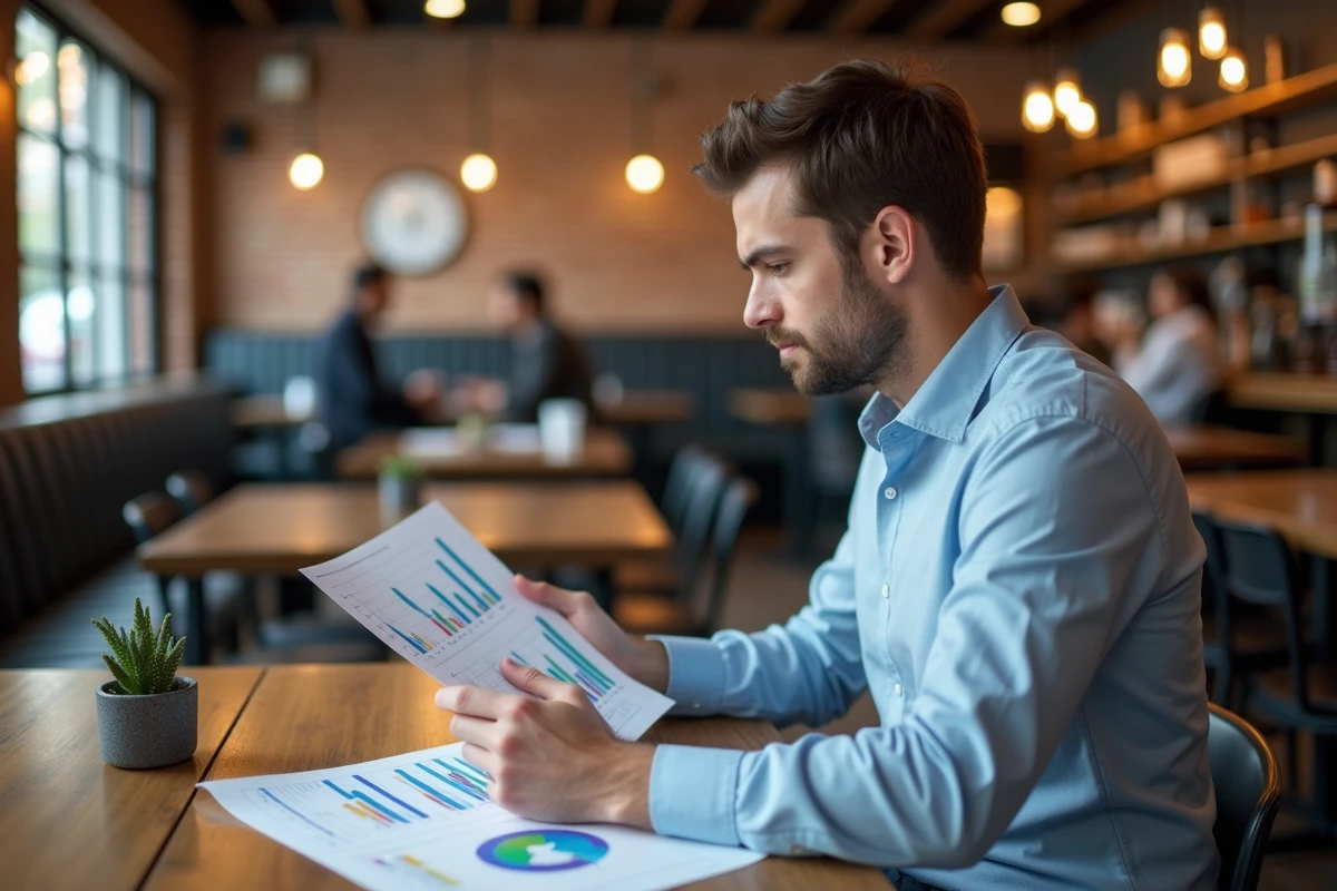 Jeune homme analysant des graphiques dans un caf&eacute;