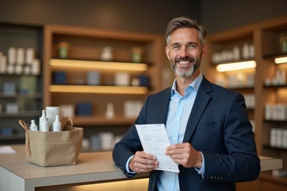 Homme d affaires souriant avec reçu en magasin