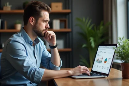 Homme concentr&eacute; travaillant sur son ordinateur dans un appartement