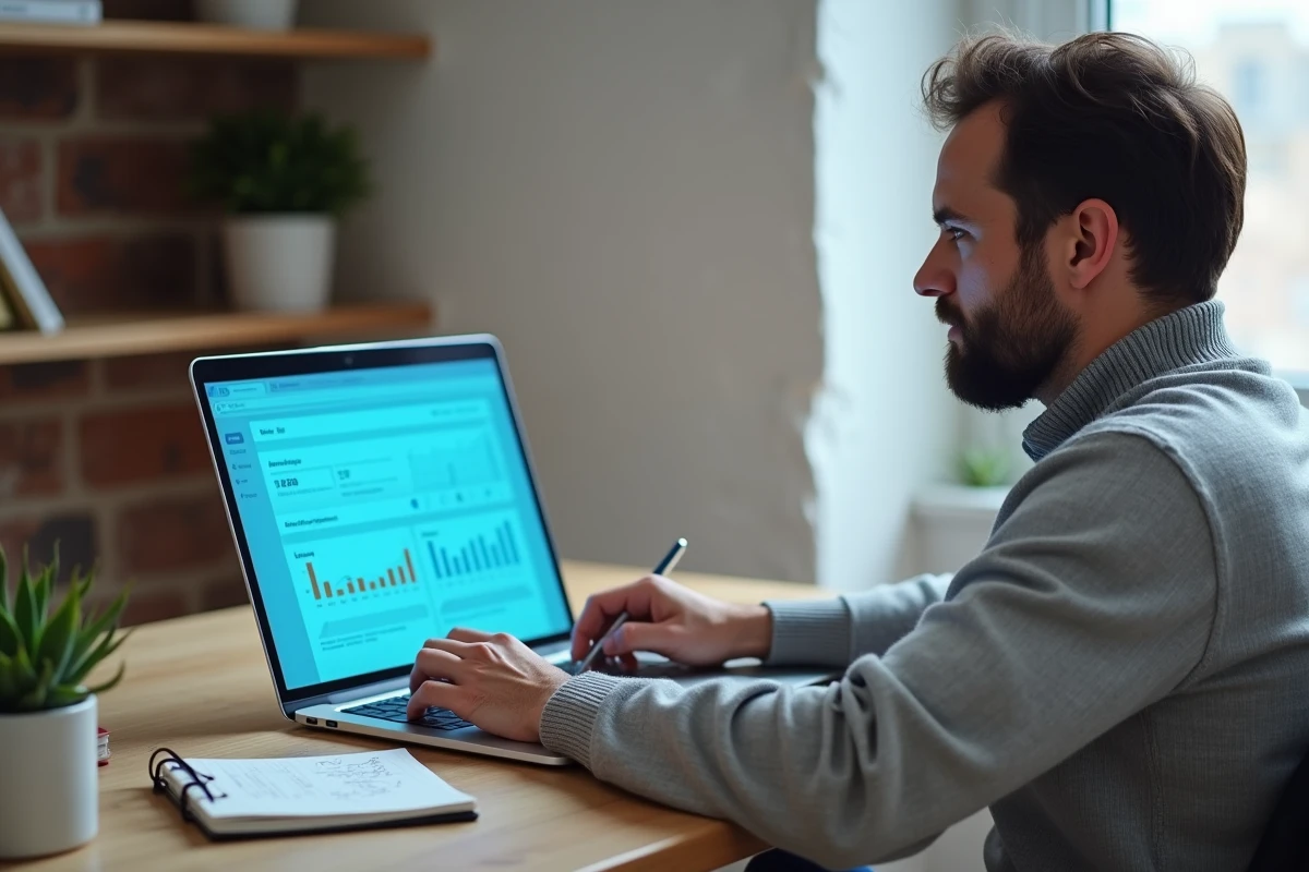 Homme connect&eacute; &agrave; un logiciel de pilotage financier depuis un bureau &agrave; domicile, prenant des notes sur les indicateurs de performance affich&eacute;s &agrave; l'&eacute;cran