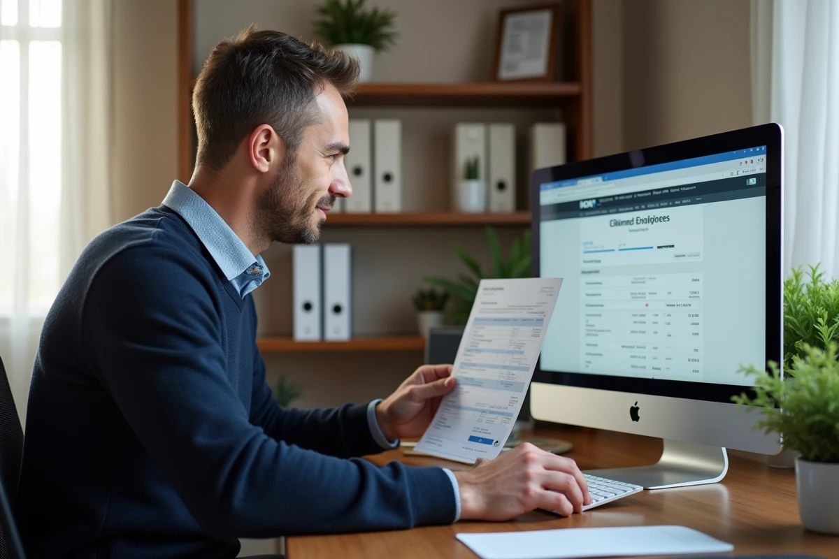 Homme consultant son bulletin de paie en ligne via Mon ADP depuis son bureau à domicile