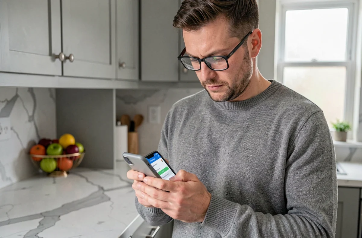 Homme consultant son compte Terciel sur smartphone dans une cuisine moderne et lumineuse