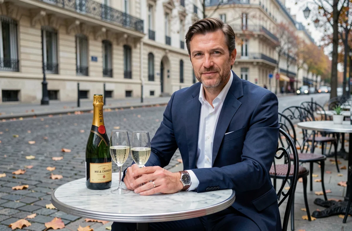 Homme en costume Dior attablé à une terrasse parisienne avec une bouteille Moët and Chandon, comparaison de marques LVMH prestige et prix