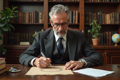 Homme d'âge moyen esquissant un cercle dans une bibliothèque