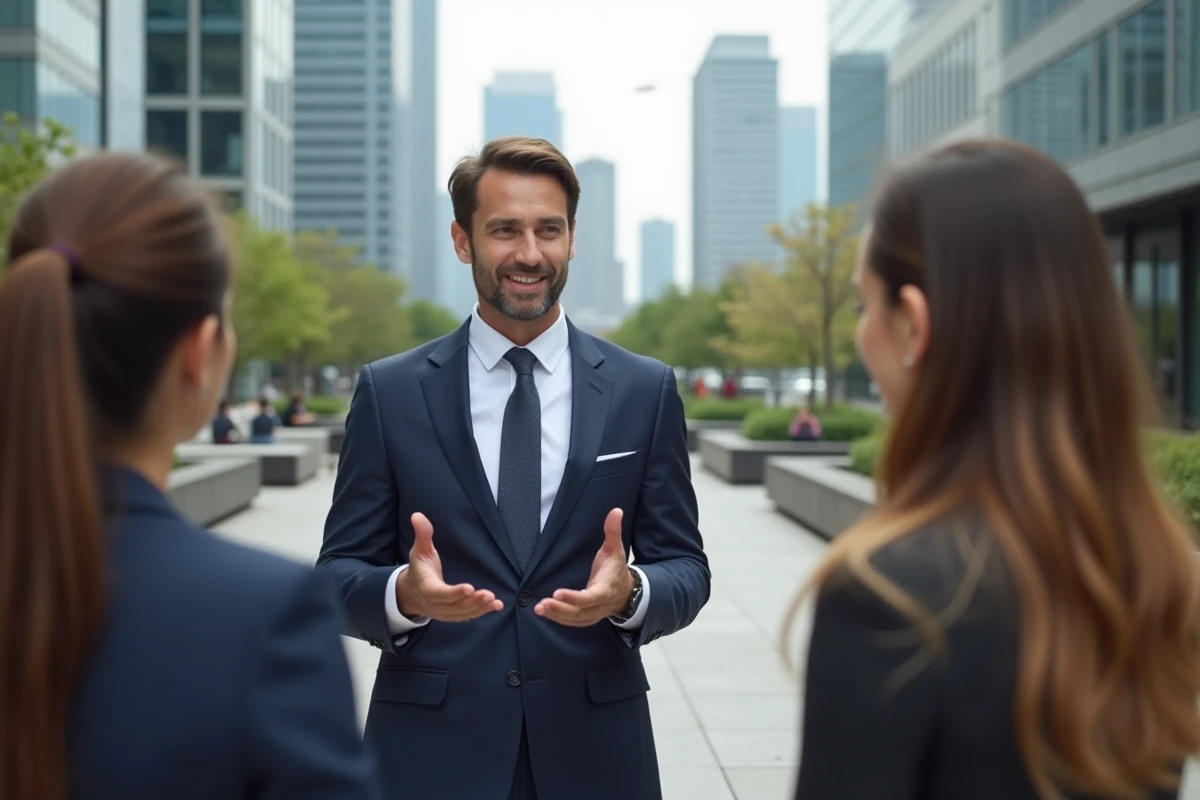 Homme en costume parlant avec coll&egrave;gues en ext&eacute;rieur