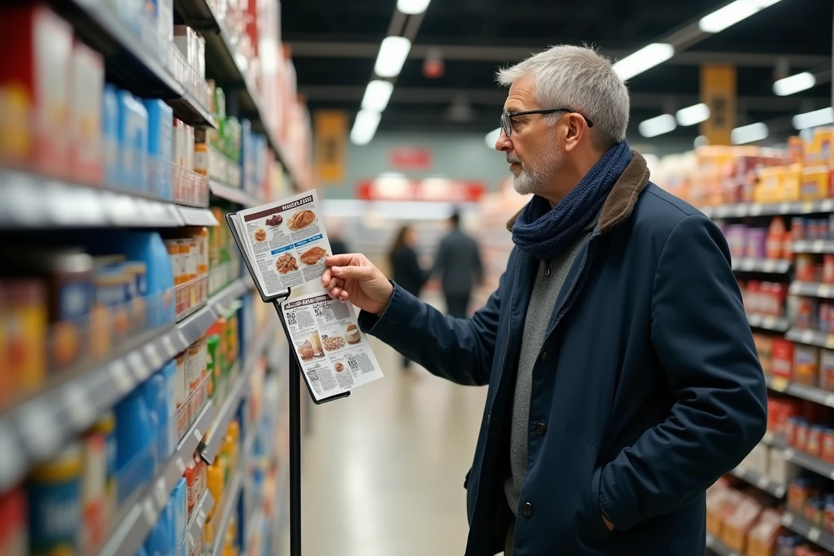 Homme étudiant des circulaires dans un supermarché