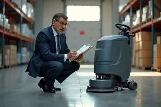 Homme d affaires examinant un sol industriel propre