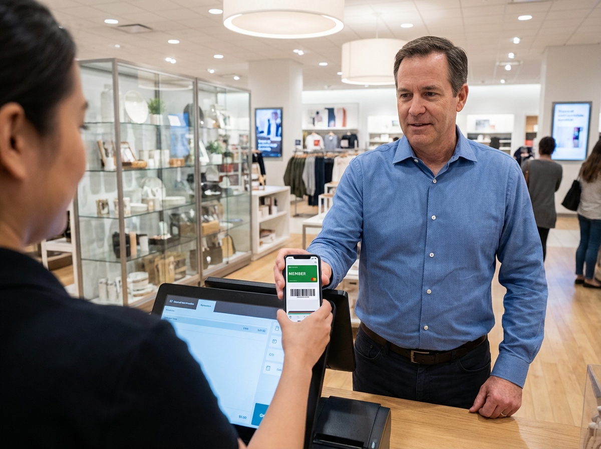 Homme présentant une carte de fidélité numérique au caissier en magasin