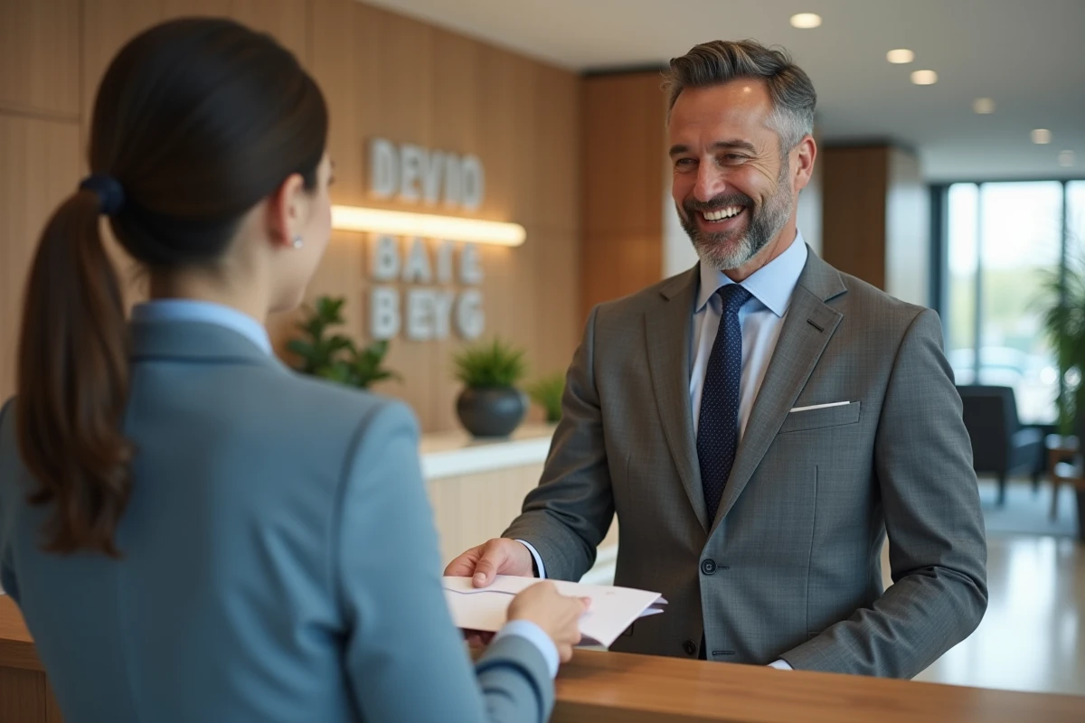 Homme en costume remettant une enveloppe &agrave; la r&eacute;ception