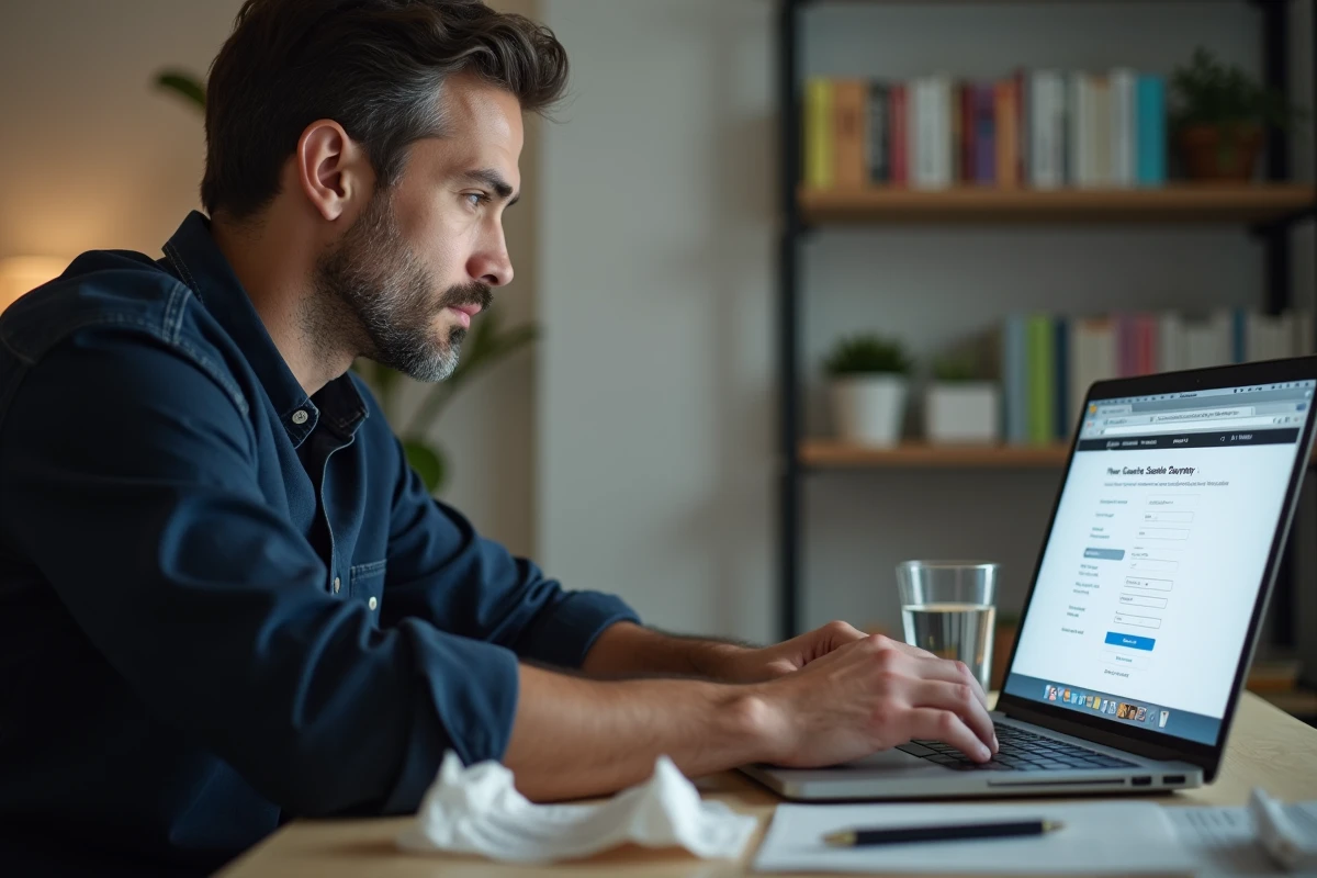Homme saisissant un code d'enqu&ecirc;te sur un site de satisfaction client depuis son ordinateur portable