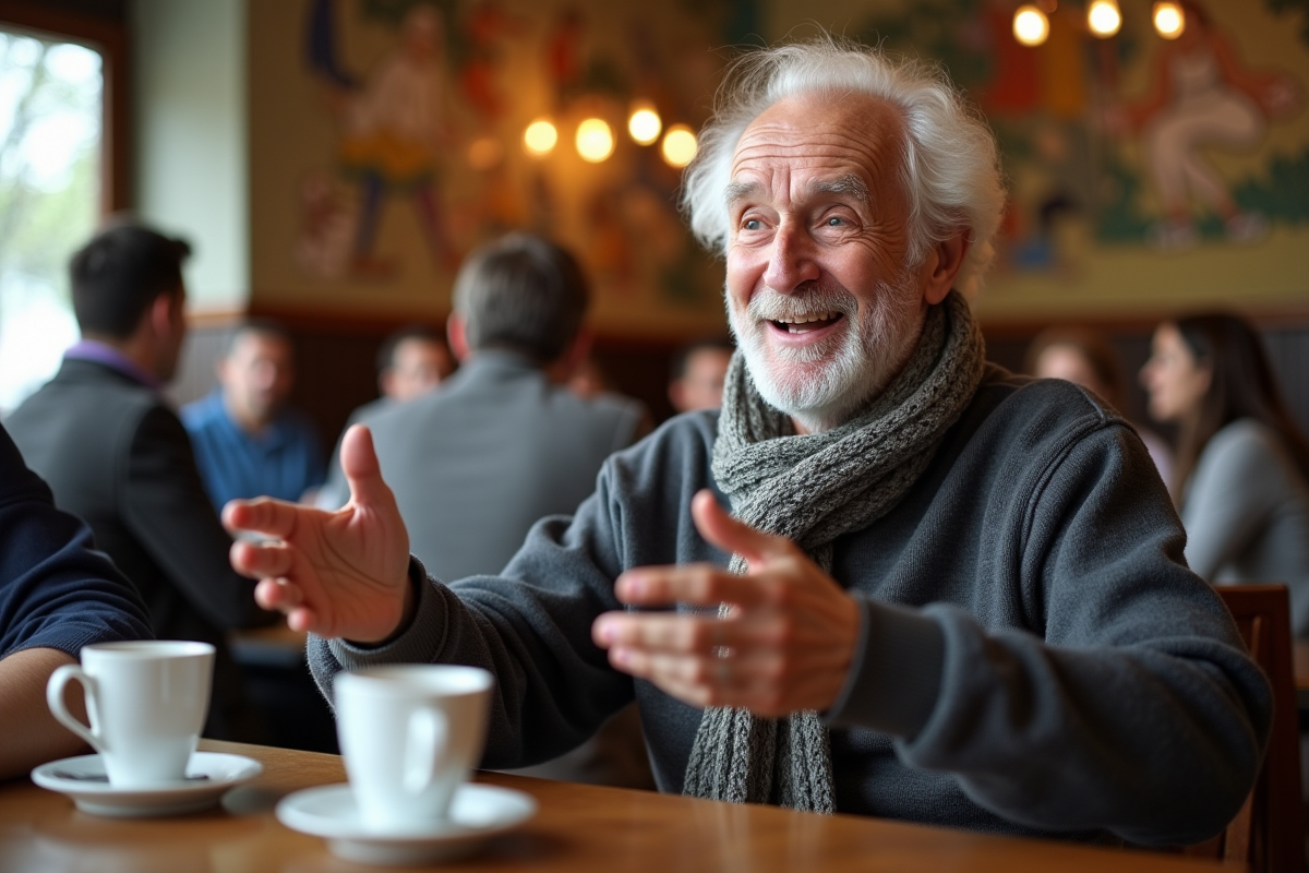 Homme francais age en discussion dans un cafe convivial
