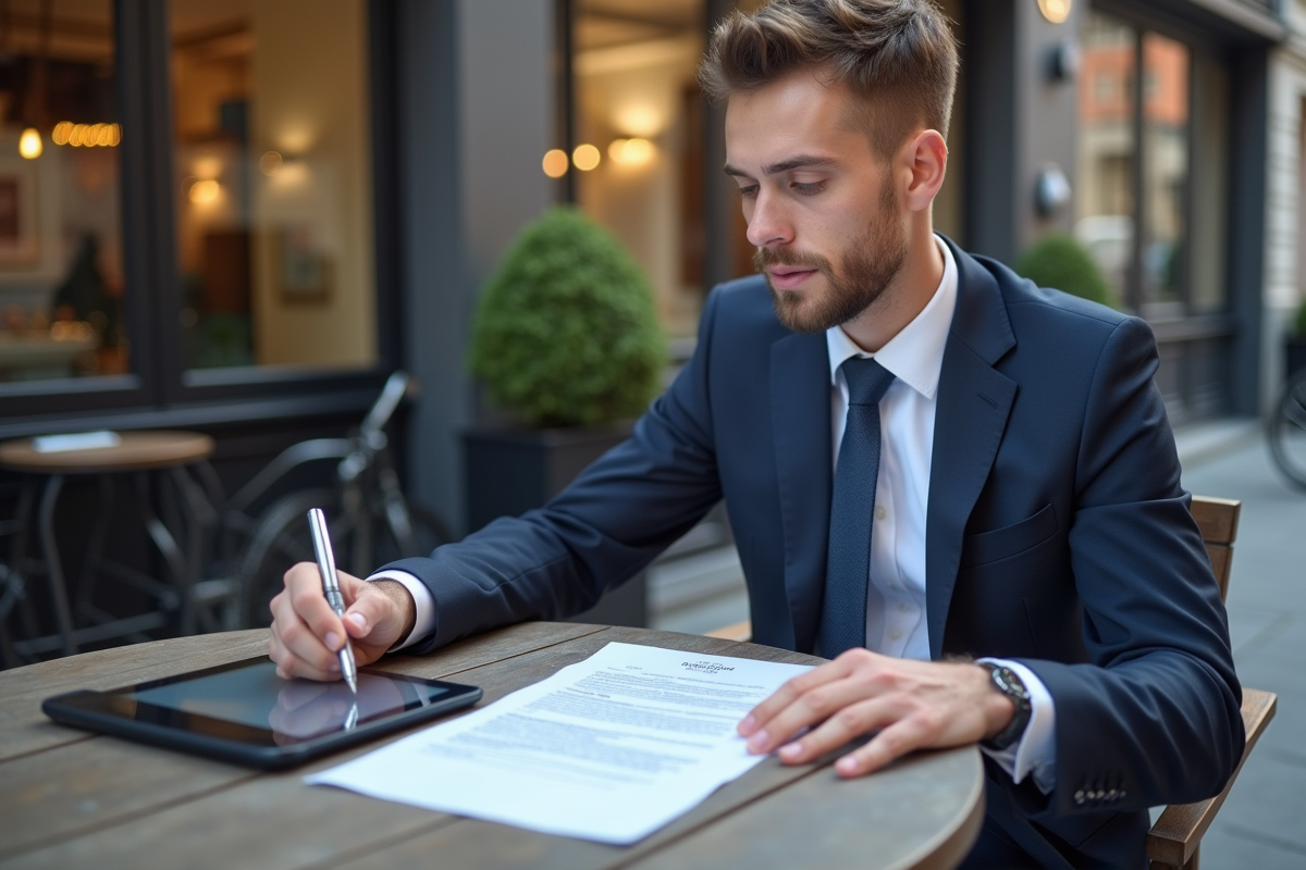 Jeune homme signant un avis legal en extérieur