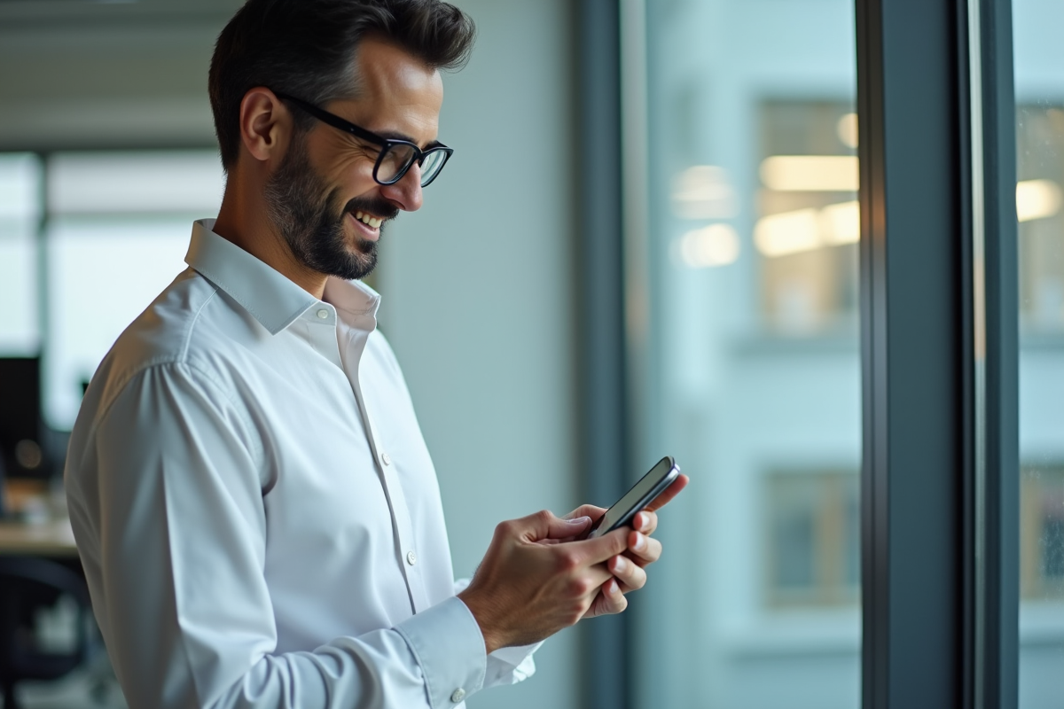 Homme souriant regardant son smartphone Outlook