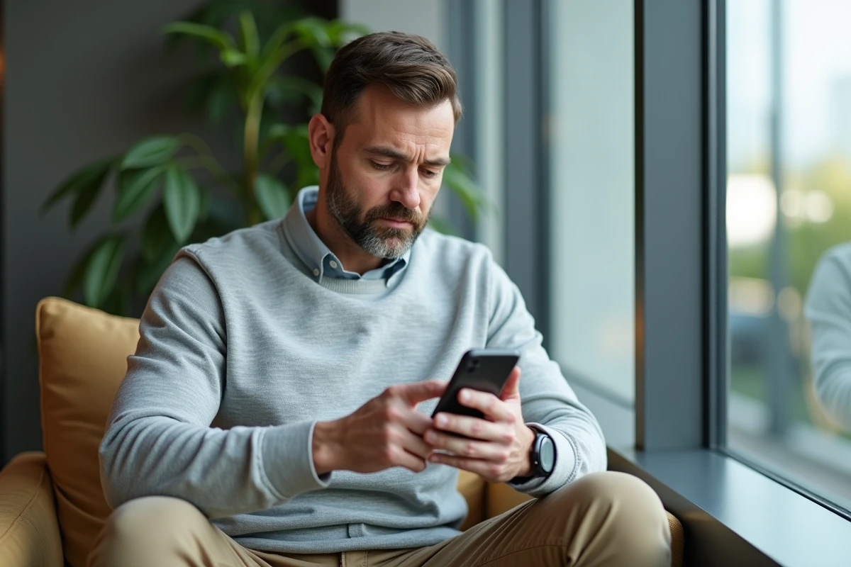 Homme d âge moyen regardant son smartphone au bureau