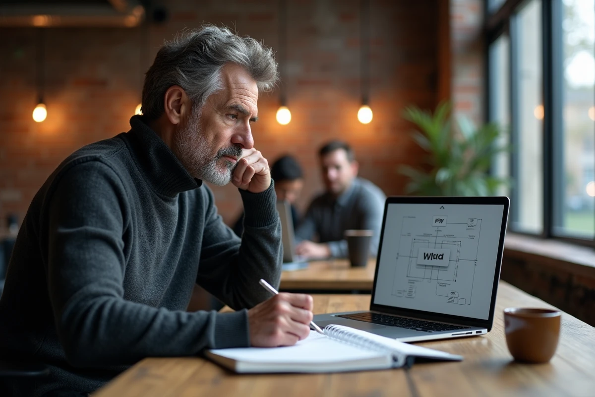 Homme concentré écrivant une stratégie Why How What dans un espace de coworking