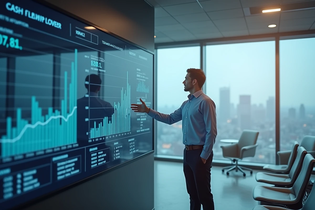 Homme en r&eacute;union analysant un tableau de flux de tr&eacute;sorerie