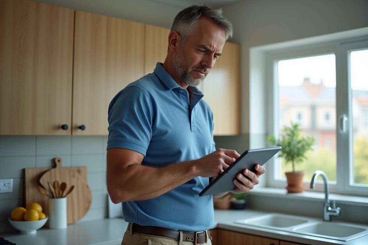 Homme perplexe utilisant une tablette dans la cuisine