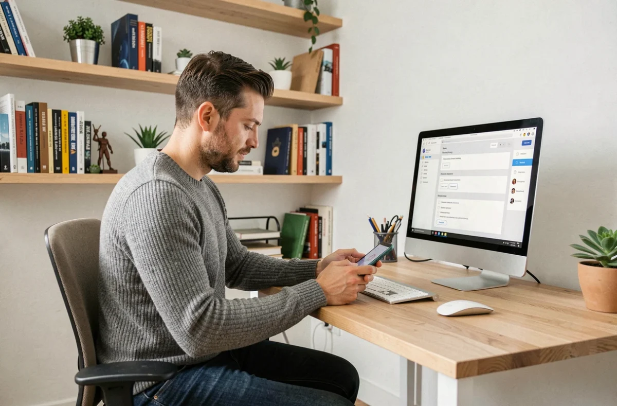 Homme en télétravail accédant à ses documents de paie en ligne depuis un espace de travail à domicile organisé