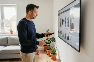 Homme examinant une télévision connectée dans un salon moderne pour évaluer un achat high-tech sur easytvshop