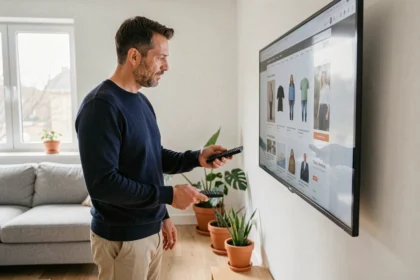 Homme examinant une télévision connectée dans un salon moderne pour évaluer un achat high-tech sur easytvshop