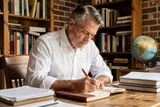 Homme concentré prenant des notes dans un carnet en cuir, illustrant un proverbe sur le travail et la persévérance