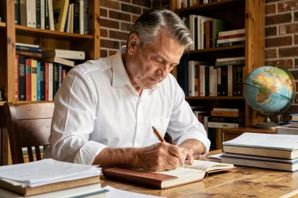 Homme concentré prenant des notes dans un carnet en cuir, illustrant un proverbe sur le travail et la persévérance