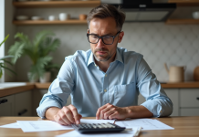 Calcul de la prime de licenciement : conseils et astuces pour estimer le montant Homme d'âge moyen travaillant à domicile avec papiers et calculatrice