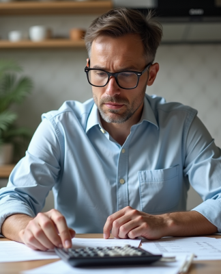 Homme d'âge moyen travaillant à domicile avec papiers et calculatrice