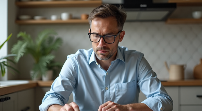 Homme d'âge moyen travaillant à domicile avec papiers et calculatrice